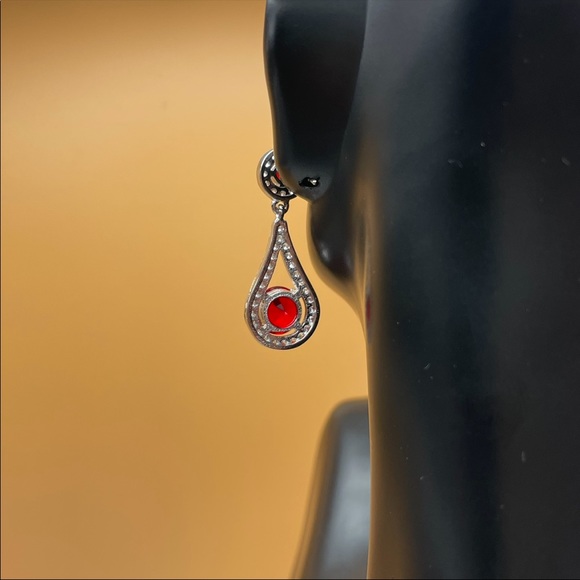925 Sterling Silver Red Ruby Diamond Tear Drop Pear Cut Elegant Dangle Earrings - Picture 8 of 13